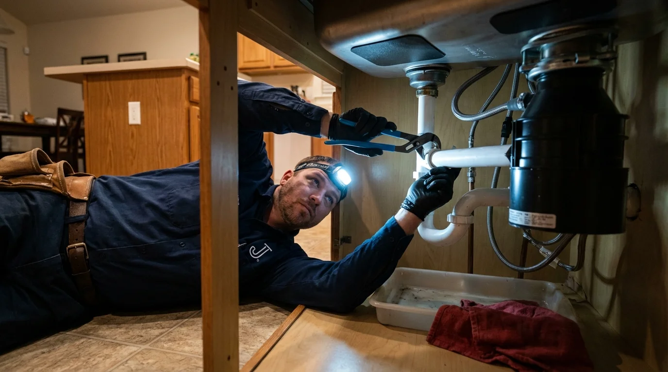 P-trap and supply line connections under a kitchen sink showing a common leak point in Bath, NY